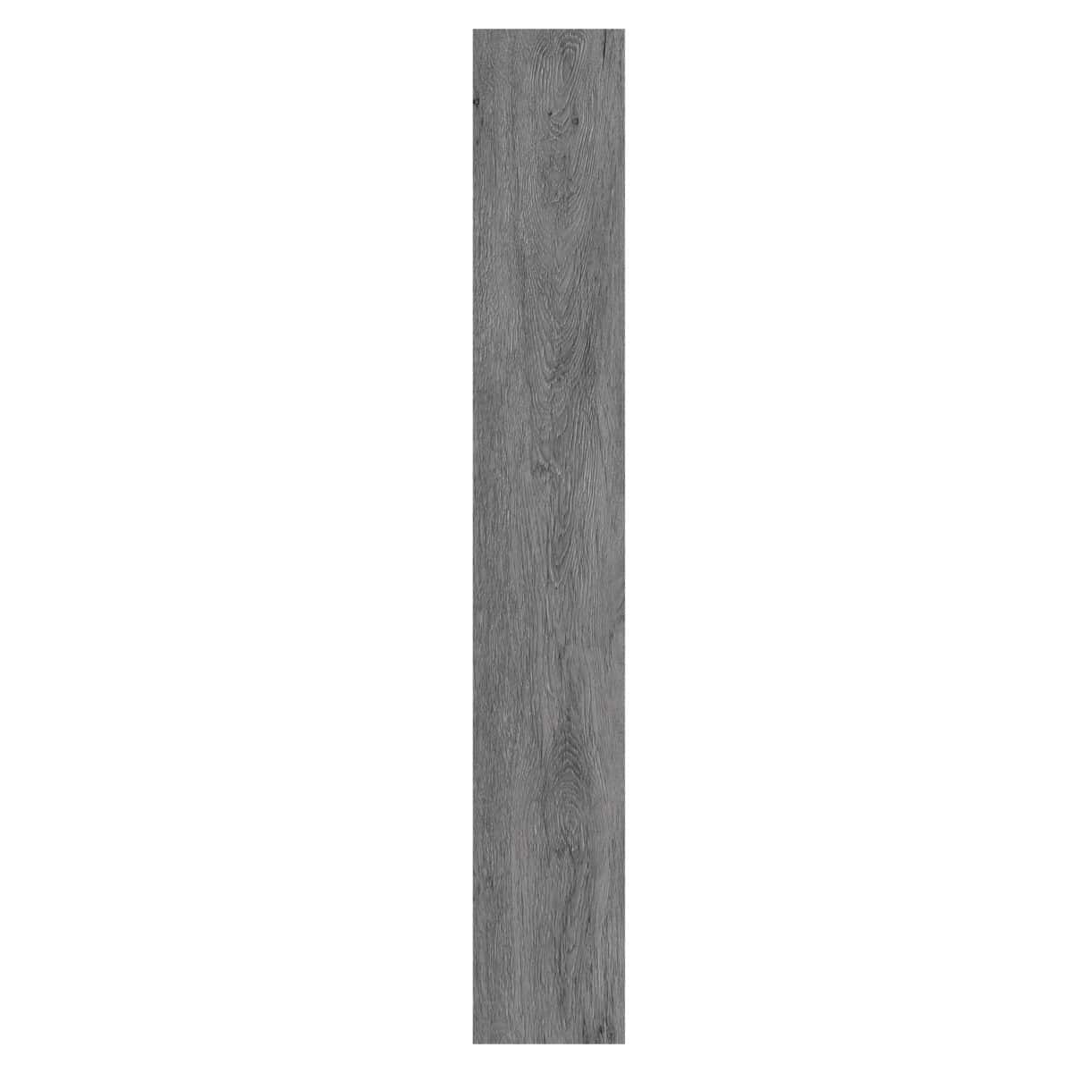 Close-up of a single Timeless Classic Stormy Gray Wood Look Click Lock Vinyl Flooring SPC plank, highlighting its authentic wood grain and versatile gray tones. This 100% waterproof, DIY-friendly SPC flooring resists scratches, stains, and dents, offering timeless elegance.