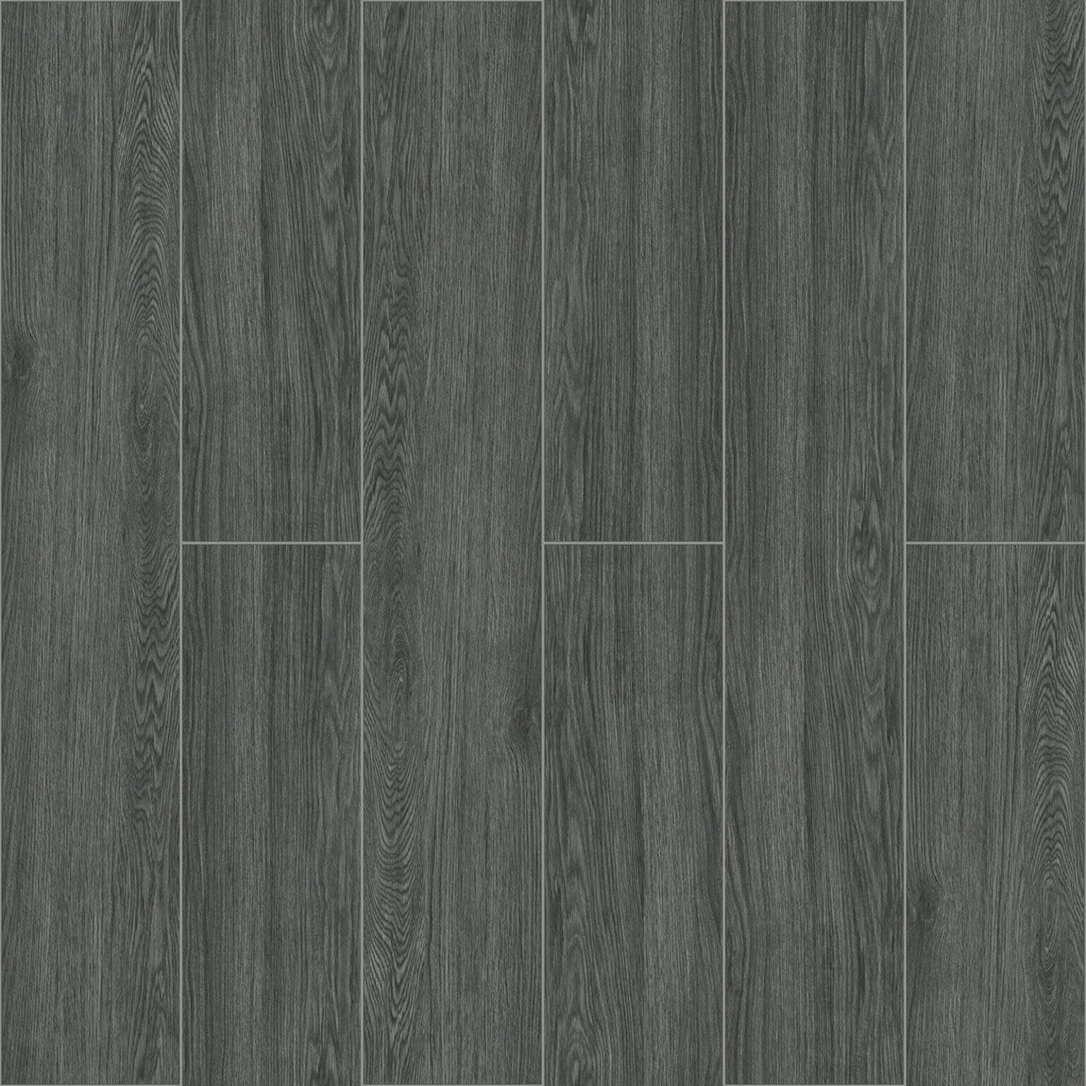 Full view of Modern Minimalist Charcoal Gray Wood Look Tile, showcasing its deep charcoal tones and authentic wood grain. This 100% waterproof porcelain tile offers superior durability, resisting scratches and stains for a bold, sophisticated minimalist style.