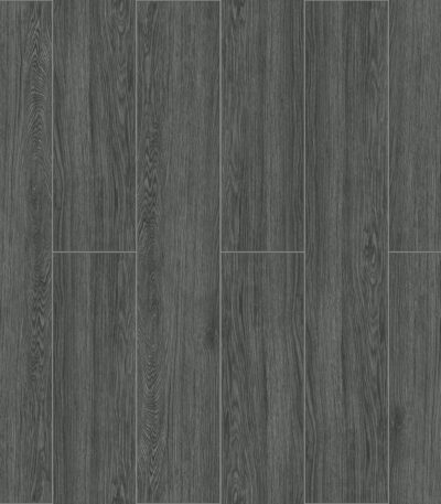 Full view of Modern Minimalist Charcoal Gray Wood Look Tile, showcasing its deep charcoal tones and authentic wood grain. This 100% waterproof porcelain tile offers superior durability, resisting scratches and stains for a bold, sophisticated minimalist style.