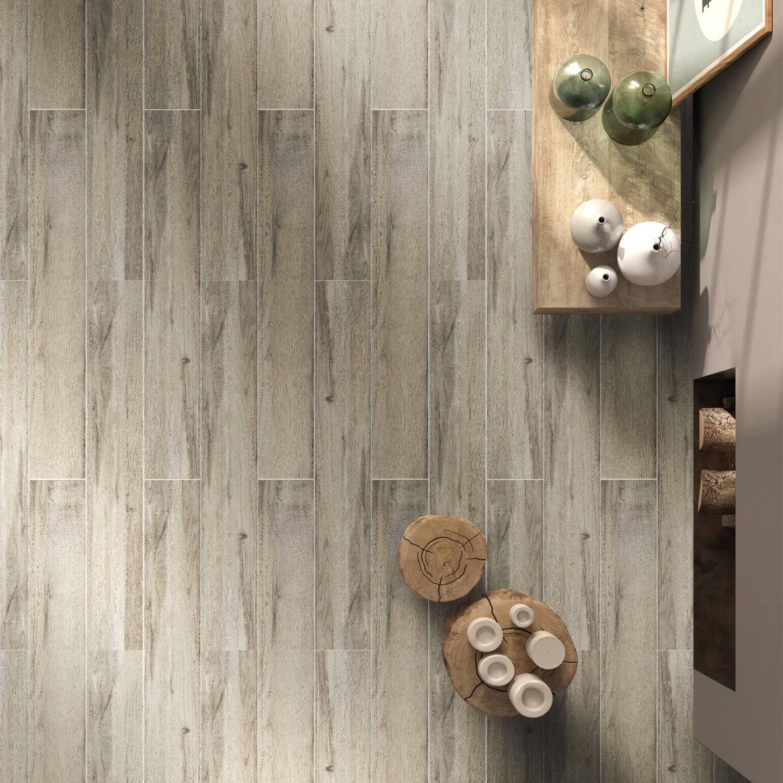 Modern Rustic Driftwood Wood Look Tile on a Kitchen floor, showcasing its sun-bleached tones and authentic wood grain. This 100% waterproof porcelain tile offers unmatched durability and easy care for a relaxed, organic style.