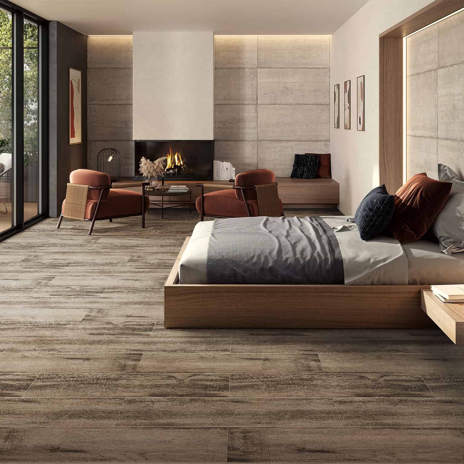 Rustic Smoked Brown Wood Look Tile on a bedroom floor, creating an authentic, enduring rustic style. This 100% waterproof porcelain tile offers unmatched performance, resisting scratches and stains for a beautiful, worry-free lifestyle.