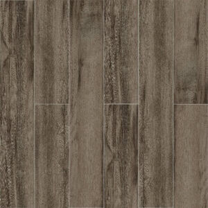 Full view of Rustic Smoked Brown Wood Look Tile, capturing the smoky tones and deep grain of reclaimed wood. This 100% waterproof porcelain tile offers unmatched performance, resisting scratches and stains for enduring rustic style.