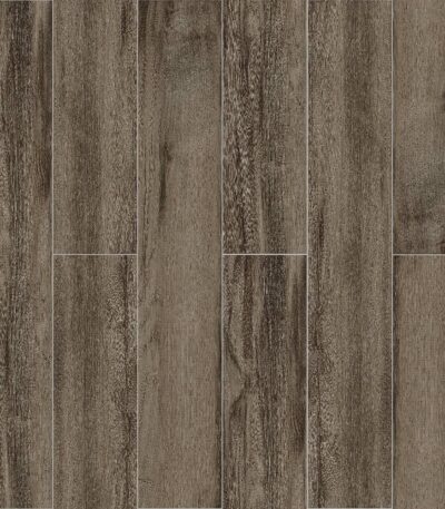 Full view of Rustic Smoked Brown Wood Look Tile, capturing the smoky tones and deep grain of reclaimed wood. This 100% waterproof porcelain tile offers unmatched performance, resisting scratches and stains for enduring rustic style.