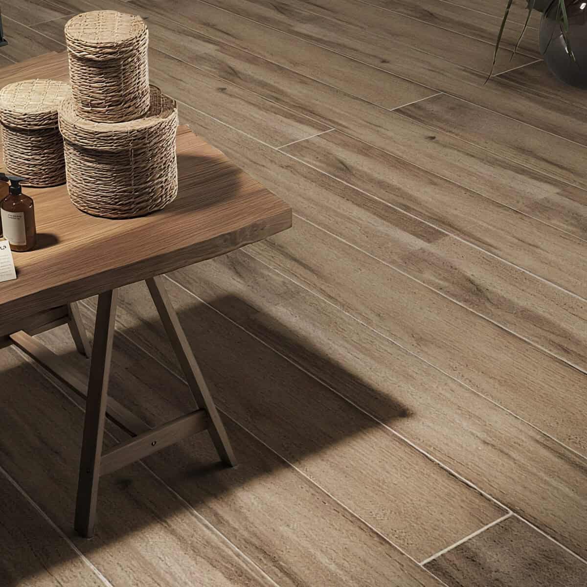 Rustic Smoked Brown Wood Look Tile on a kitchen floor, delivering enduring rustic style with effortless care. This 100% waterproof porcelain tile offers unmatched performance, resisting scratches and stains for a beautiful, worry-free lifestyle.