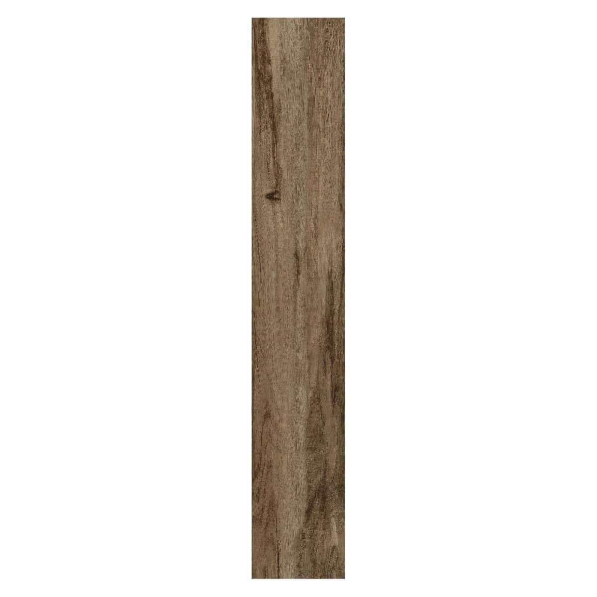 Close-up of a single Rustic Smoked Brown Wood Look Tile, highlighting its smoky tones and deep grain. This 100% waterproof porcelain tile offers unmatched performance and effortless care for enduring rustic style.