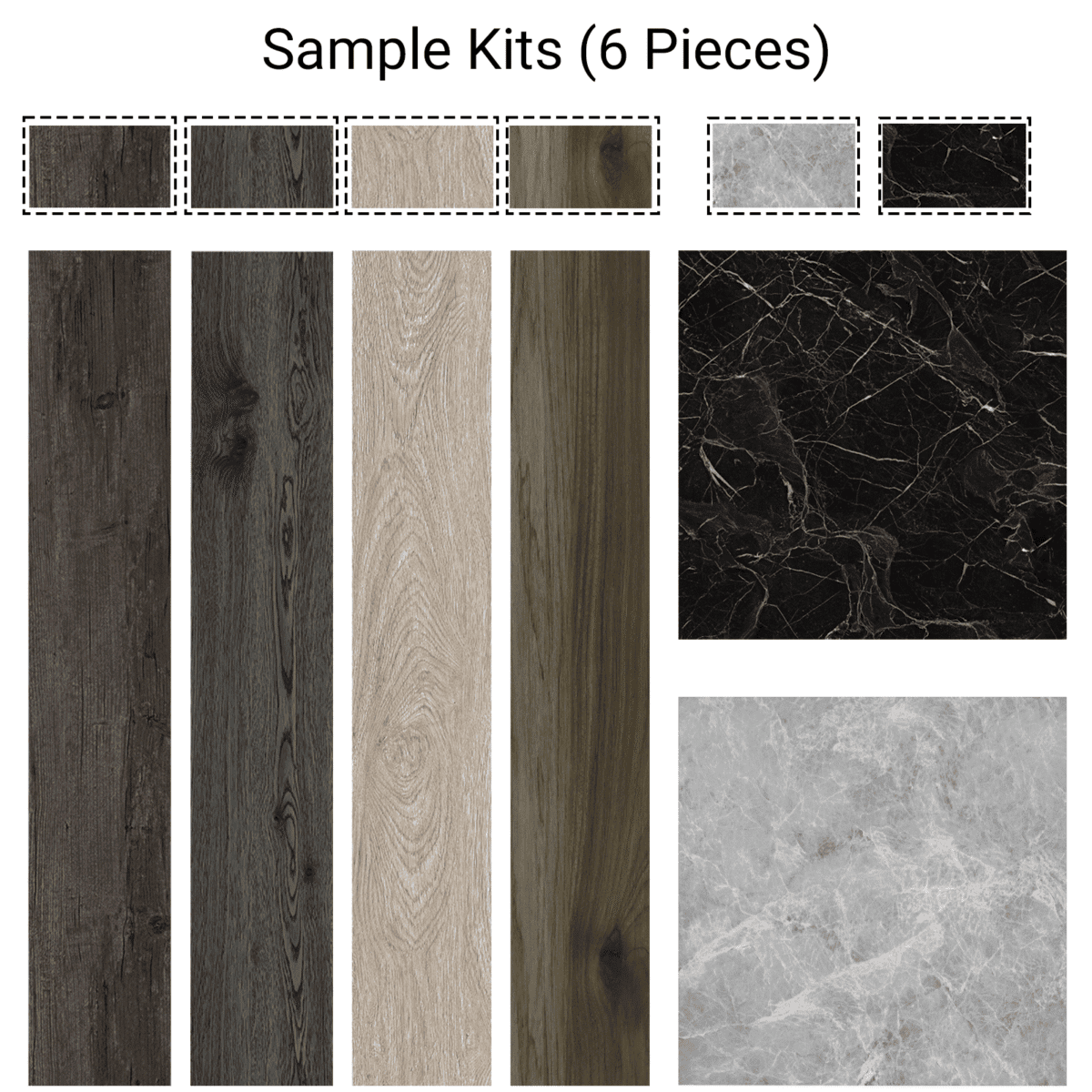 The main image for the Value Sample Kit 6 Stunning Wood & Stone Looks Vinyl Floor, showing all six samples: four wood planks in varying shades and two marble-look tiles in gray and black.