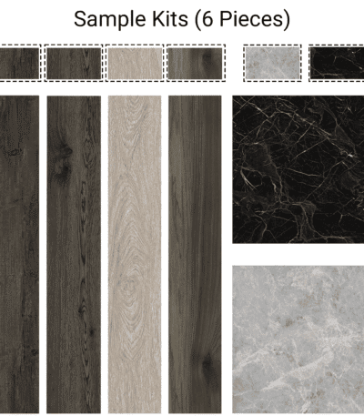 The main image for the Value Sample Kit 6 Stunning Wood & Stone Looks Vinyl Floor, showing all six samples: four wood planks in varying shades and two marble-look tiles in gray and black.
