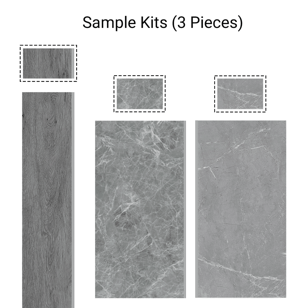 Product contents of the Sample Kit 3 Wood & Stone Look SPC Vinyl Floor, featuring one gray wood plank and two distinct gray stone tile samples.