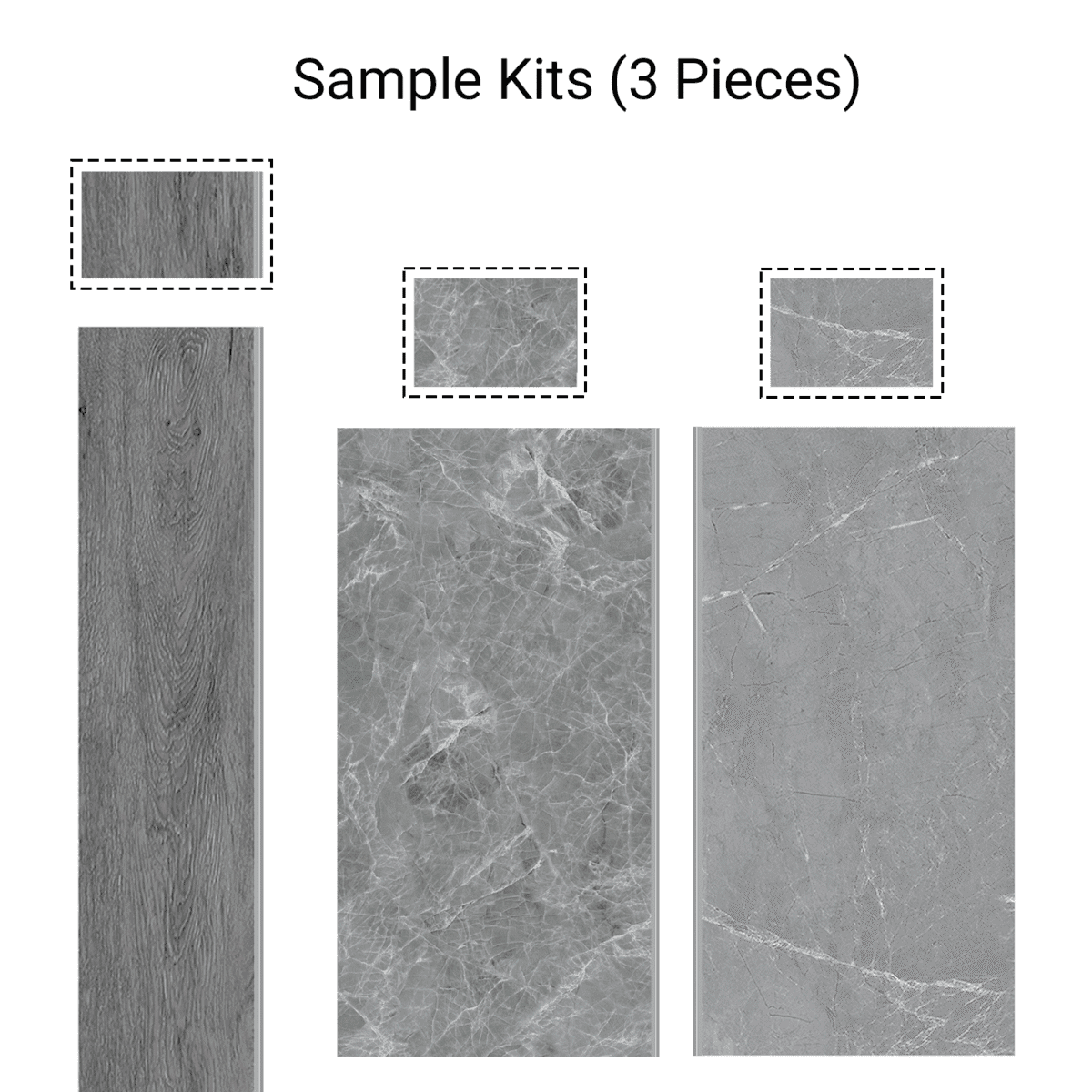 Product contents of the Sample Kit 3 Wood & Stone Look SPC Vinyl Floor, featuring one gray wood plank and two distinct gray stone tile samples.