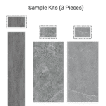 Product contents of the Sample Kit 3 Wood & Stone Look SPC Vinyl Floor, featuring one gray wood plank and two distinct gray stone tile samples.