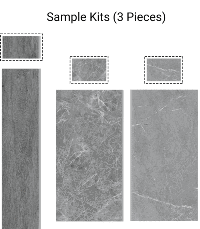 Product contents of the Sample Kit 3 Wood & Stone Look SPC Vinyl Floor, featuring one gray wood plank and two distinct gray stone tile samples.