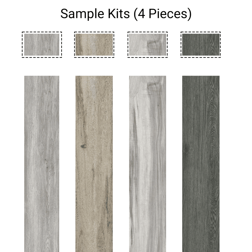 An image of the Value Sample Kit 4 Wood Look Tile, showcasing the four distinct color options available: a light weathered gray, a rustic sandy beige, a light gray with color variation, and a dark slate gray.