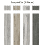An image of the Value Sample Kit 4 Wood Look Tile, showcasing the four distinct color options available: a light weathered gray, a rustic sandy beige, a light gray with color variation, and a dark slate gray.