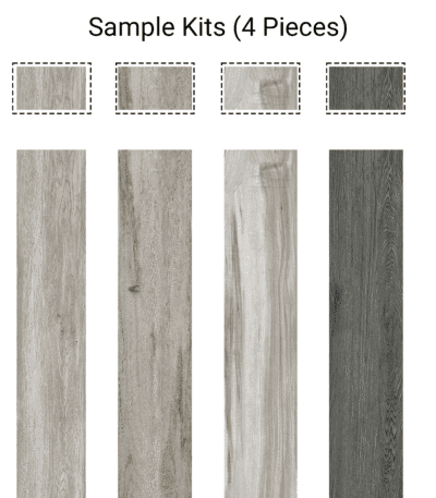 An image of the Value Sample Kit 4 Wood Look Tile, showcasing the four distinct color options available: a light weathered gray, a rustic sandy beige, a light gray with color variation, and a dark slate gray.