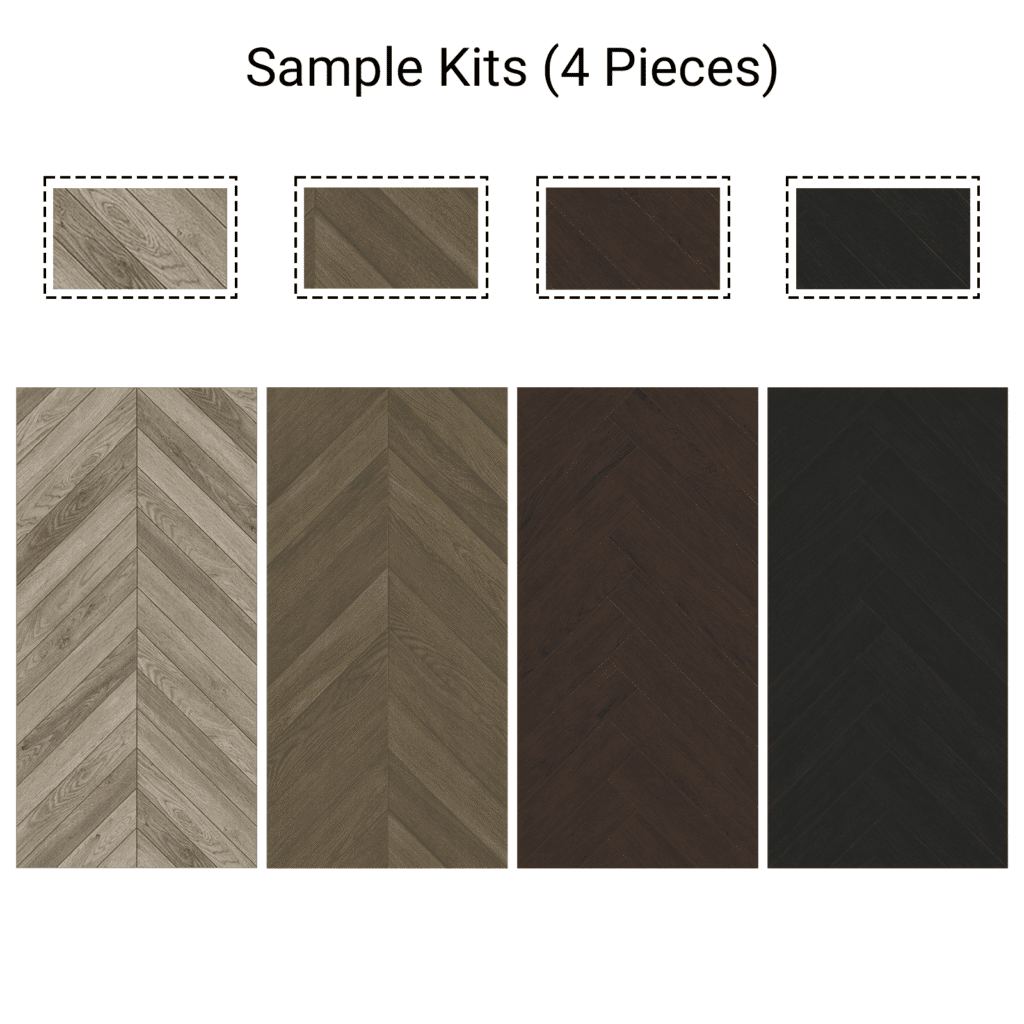 An image of the Sample Kit of 4 Wood Look Tile Herringbone, showcasing the four distinct color options available: a light weathered gray, a warm mid-tone brown, a deep espresso, and a dark charcoal black.