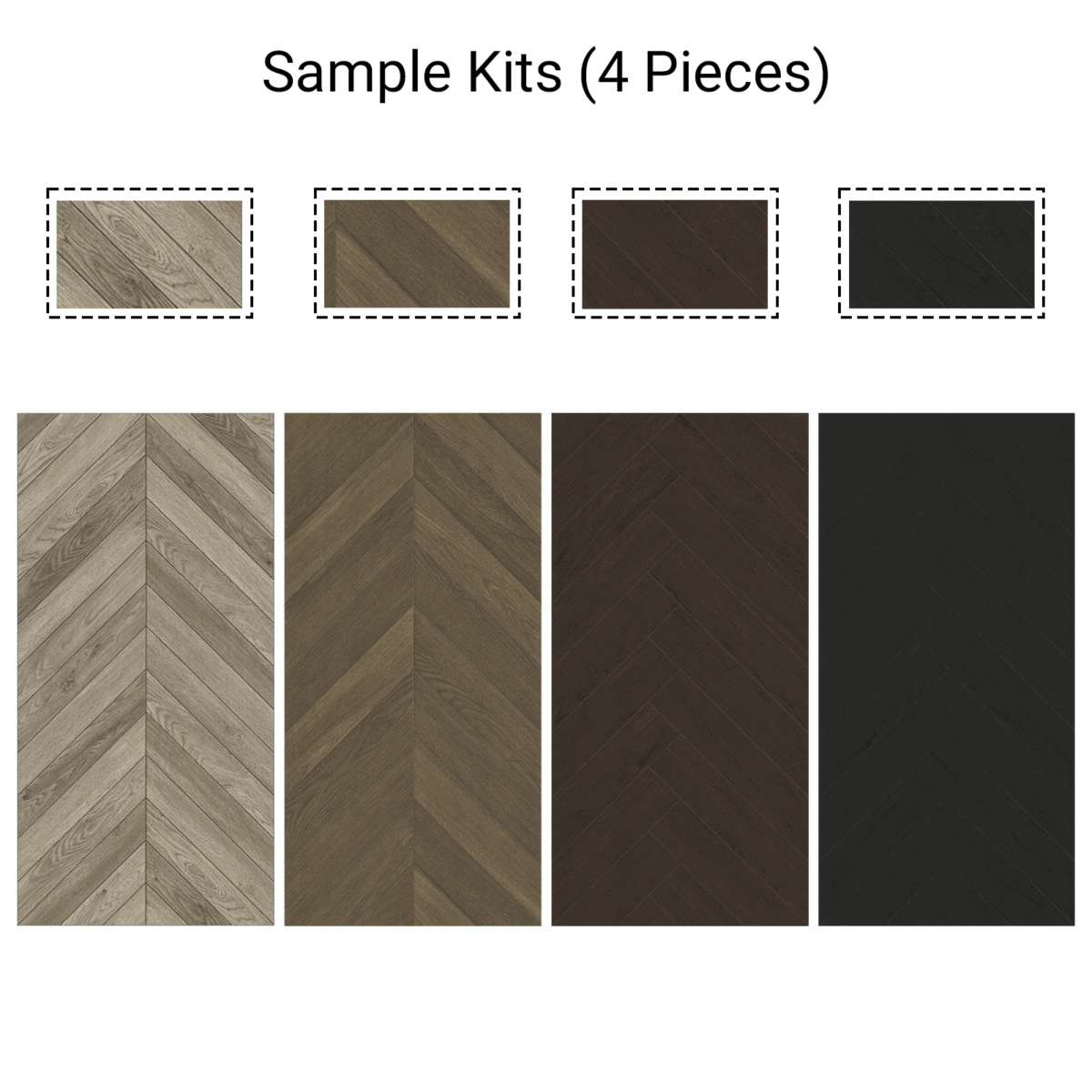An image of the Sample Kit of 4 Wood Look Tile Herringbone, showcasing the four distinct color options available: a light weathered gray, a warm mid-tone brown, a deep espresso, and a dark charcoal black.