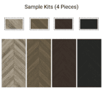 An image of the Sample Kit of 4 Wood Look Tile Herringbone, showcasing the four distinct color options available: a light weathered gray, a warm mid-tone brown, a deep espresso, and a dark charcoal black.