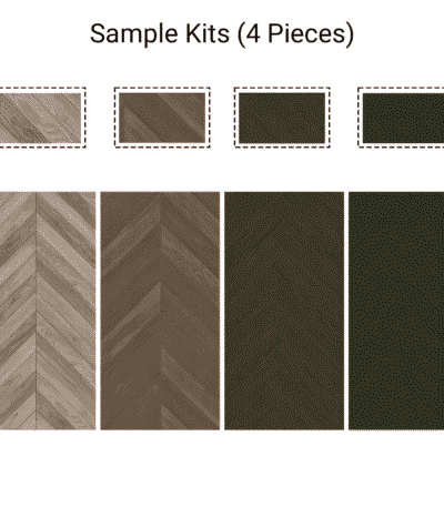 An image of the Sample Kit of 4 Wood Look Tile Herringbone, showcasing the four distinct color options available: a light weathered gray, a warm mid-tone brown, a deep espresso, and a dark charcoal black.
