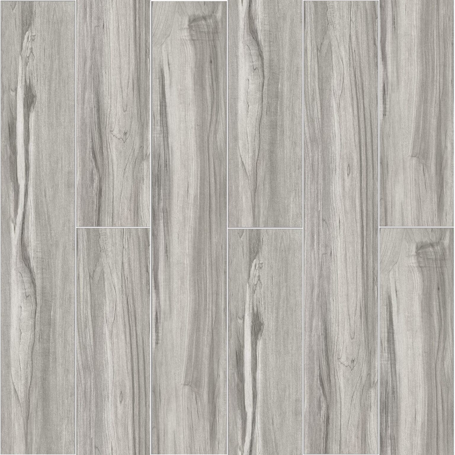 Full view of Scandinavian Light Gray Oak Wood Look Tile, showcasing its authentic wood grain and light gray tones. This 100% waterproof porcelain tile offers unmatched durability, resisting scratches and stains for a serene, minimalist Scandinavian style.