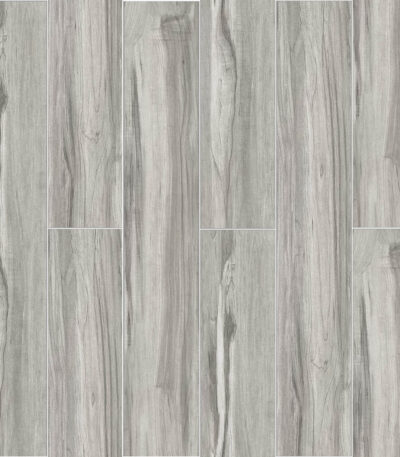 Full view of Scandinavian Light Gray Oak Wood Look Tile, showcasing its authentic wood grain and light gray tones. This 100% waterproof porcelain tile offers unmatched durability, resisting scratches and stains for a serene, minimalist Scandinavian style.