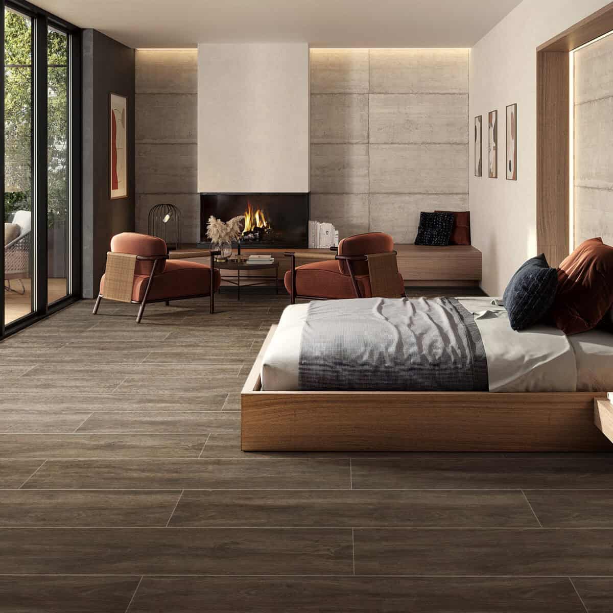 Rustic Modern Weathered Oak Wood Look Tile on a bedroom floor, creating a bright, open, and sophisticated atmosphere. This 100% waterproof porcelain tile offers unmatched durability, resisting scratches and stains for a worry-free lifestyle.