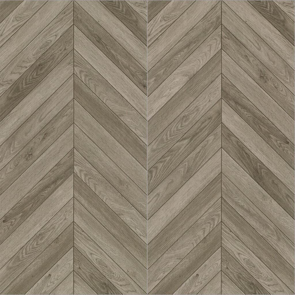Full view of Scandinavian Weathered Wood Color Wood Look Tile, showcasing its rustic, sun-bleached chevron pattern. This 100% waterproof porcelain tile offers unmatched durability, resisting scratches and stains for a bright, relaxed, worry-free atmosphere.