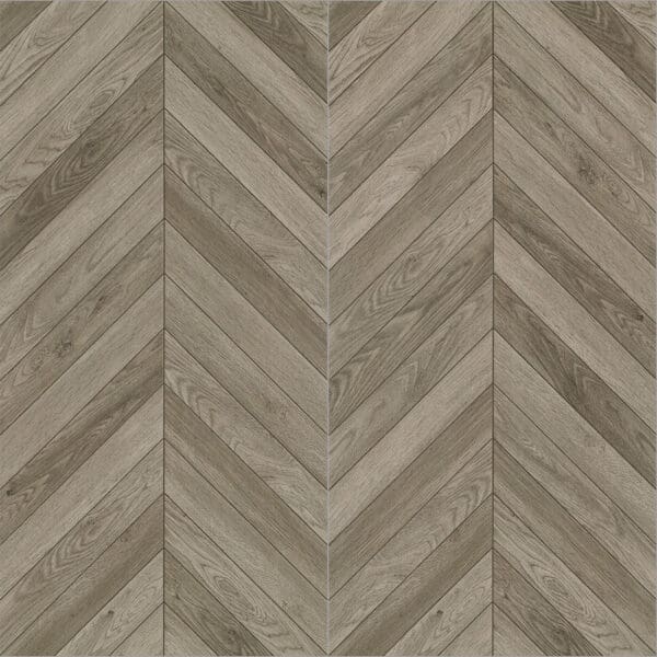 Full view of Scandinavian Weathered Wood Color Wood Look Tile, showcasing its rustic, sun-bleached chevron pattern. This 100% waterproof porcelain tile offers unmatched durability, resisting scratches and stains for a bright, relaxed, worry-free atmosphere.