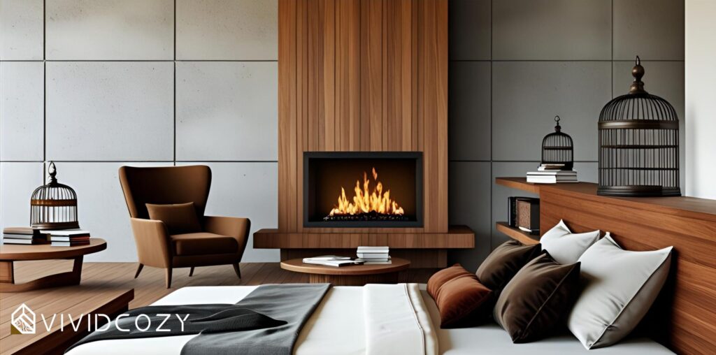 Modern bedroom with fireplace featuring VividCozy wood-look porcelain tile style in a warm, natural finish—showcasing Luxury, Modern, Classic, and Rustic design inspirations