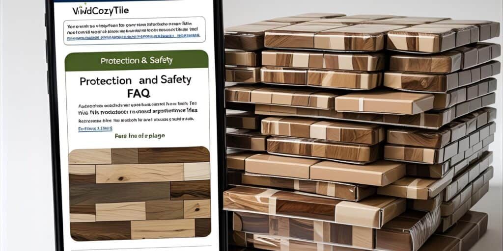 Mobile screen showing VividCozyTile’s Protection Safety FAQ page next to stacked wood-look tile samples, highlighting customer protection safety policies.