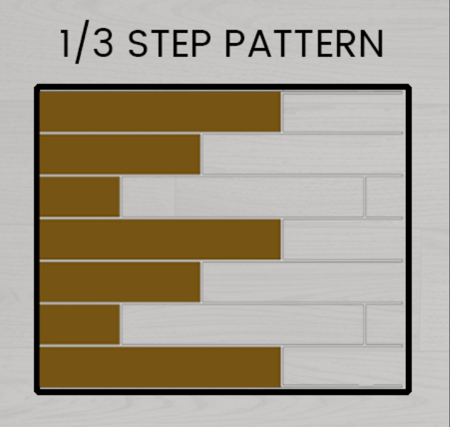 flooring-area-calculator-layout-brick-lay Diagram of a “1/3 STEP PATTERN” tile layout, with brown and light - colored rectangular tiles offset like bricks. Text below explains “Brick Lay” – a classic, relaxed style. Slightly more tiles needed than straight lay, useful to factor in via a flooring area calculator for accurate quantity planning