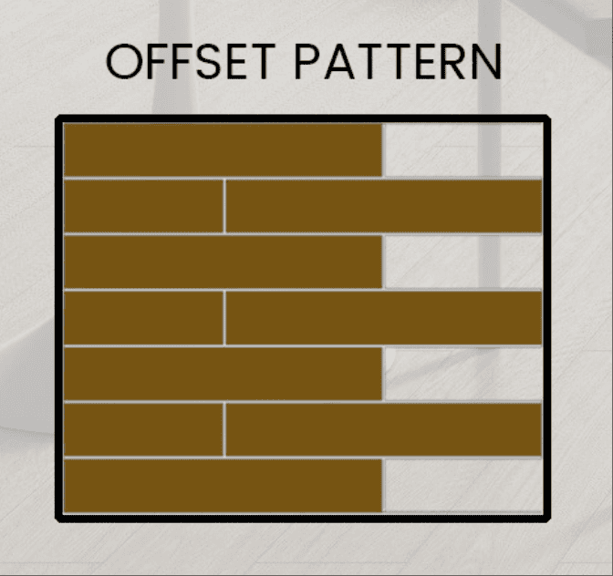 flooring-area-calculator-layout-straight-lay Diagram showing an offset tile pattern with brown rectangular tiles. Text below explains 'Straight Lay' (or Offset Lay) – tiles aligned in perfect rows/columns, an efficient layout with minimal cutting, ideal for quick installations and first - timers. Useful for planning with a flooring area calculator to ensure accurate tile quantity, factoring in this pattern’s waste - minimizing design.