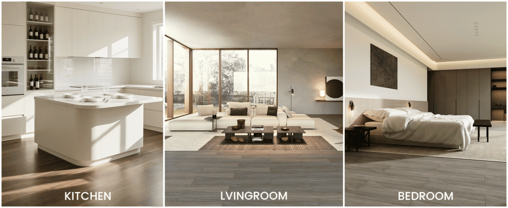 Real-life application examples of the product in finished spaces.