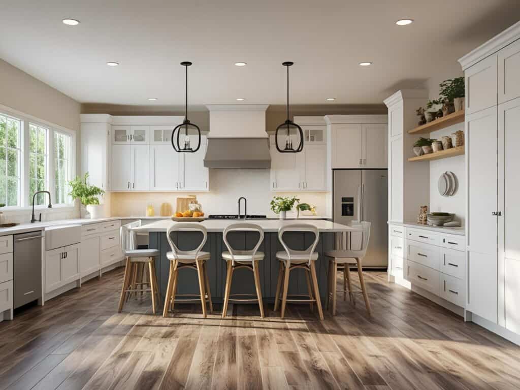 Modern kitchen with wood-look SPC vinyl plank flooring, featuring a waterproof and scratch-resistant surface.