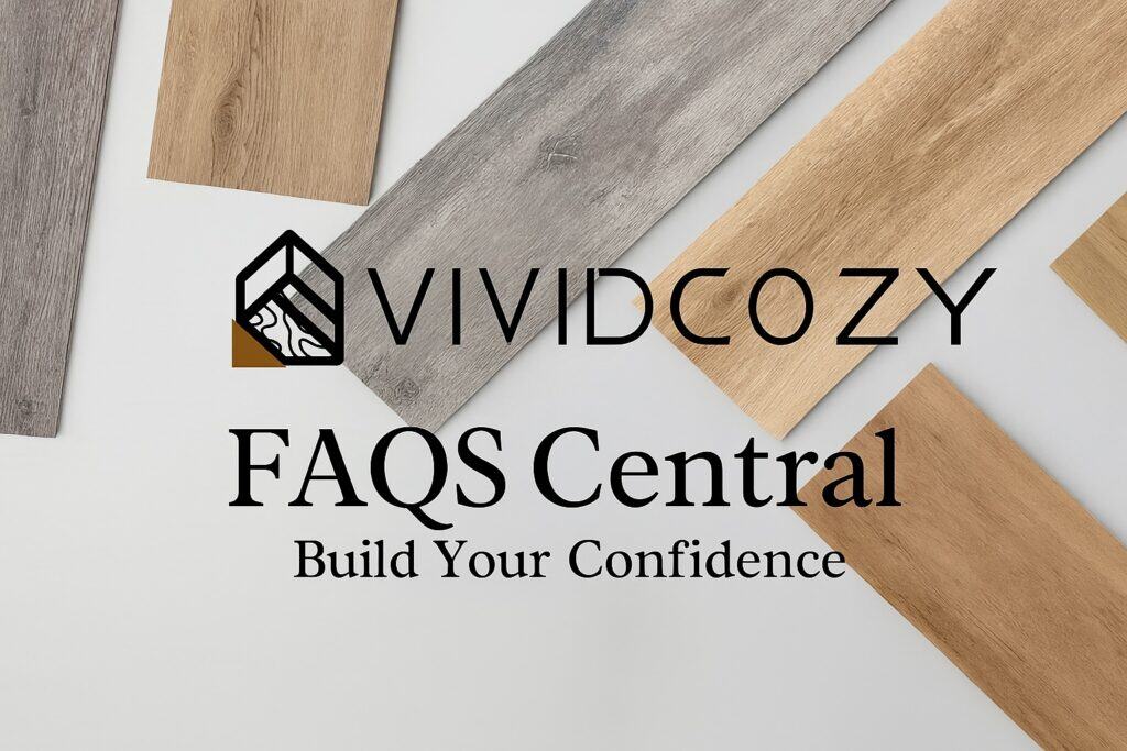 VIVIDCOZY branding with wood texture tiles and FAQs section headline for customer confidence