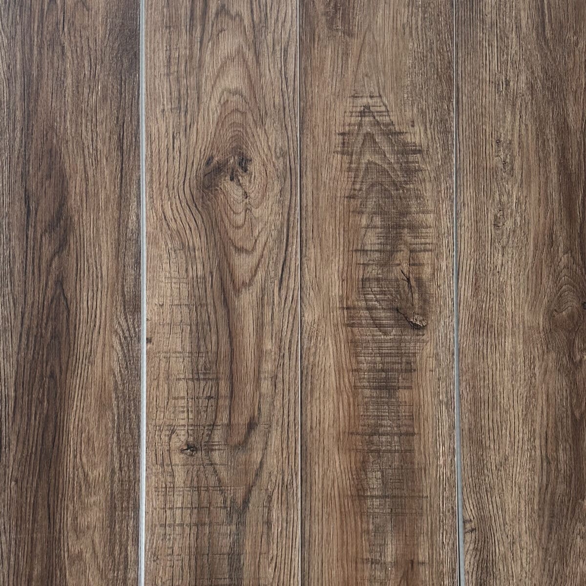 Real photo full view of Rustic Tawny Oak SPC flooring, highlighting its detailed knots and rich wood grain character.