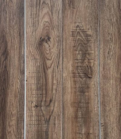 Real photo full view of Rustic Tawny Oak SPC flooring, highlighting its detailed knots and rich wood grain character.