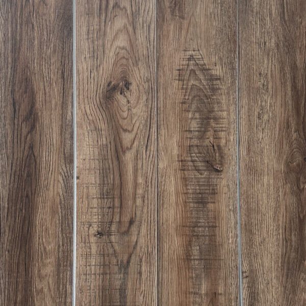 Real photo full view of Rustic Tawny Oak SPC flooring, highlighting its detailed knots and rich wood grain character.