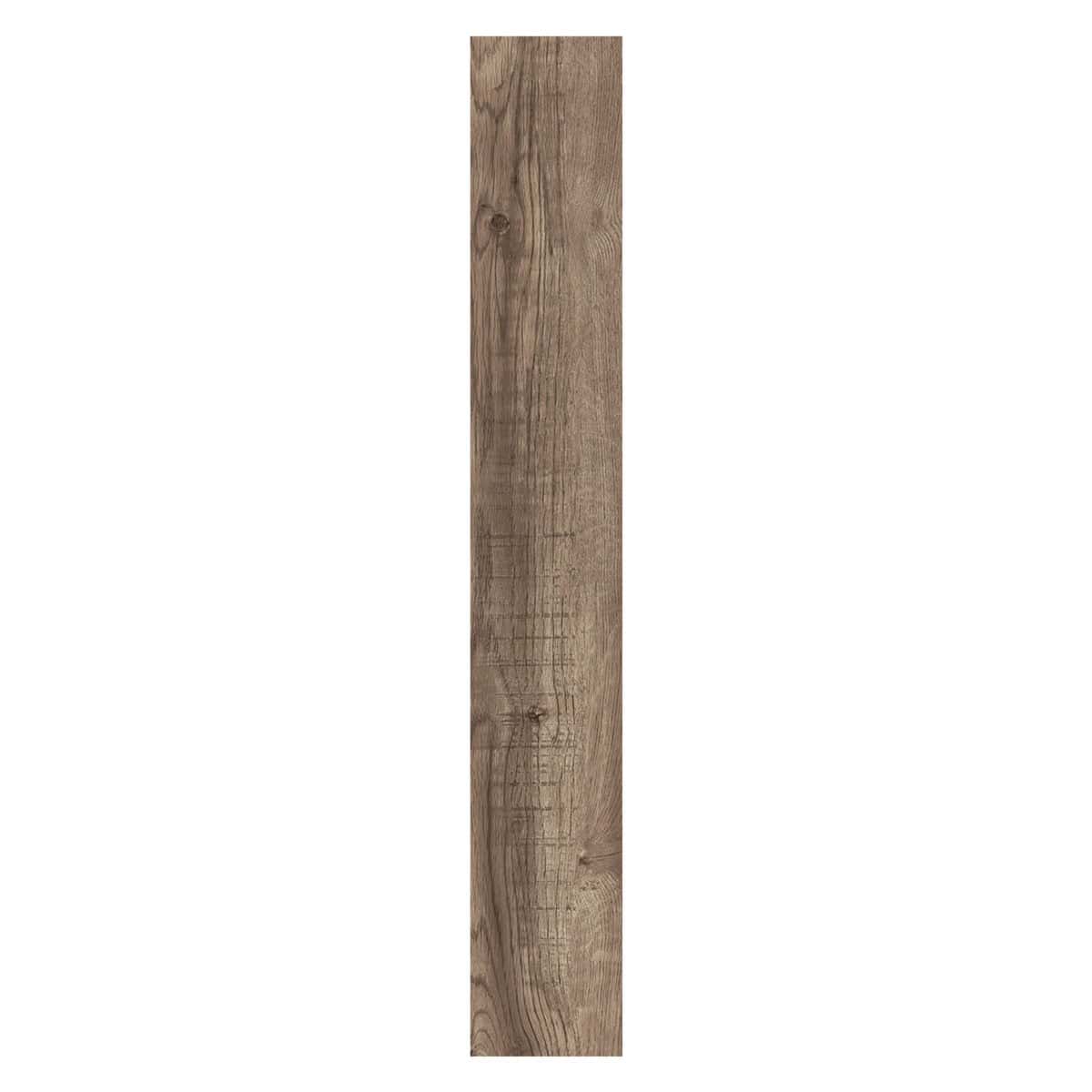 Close-up of a single Rustic Tawny Oak SPC plank with authentic knots and a textured, wood-like finish.