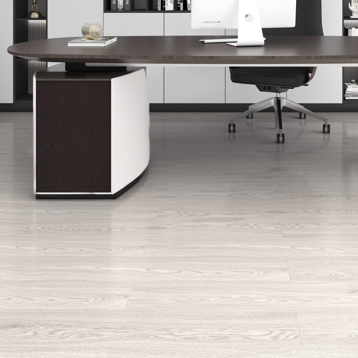 Professional Modern Whitewash Oak SPC flooring in a high-end office with a dark executive desk.