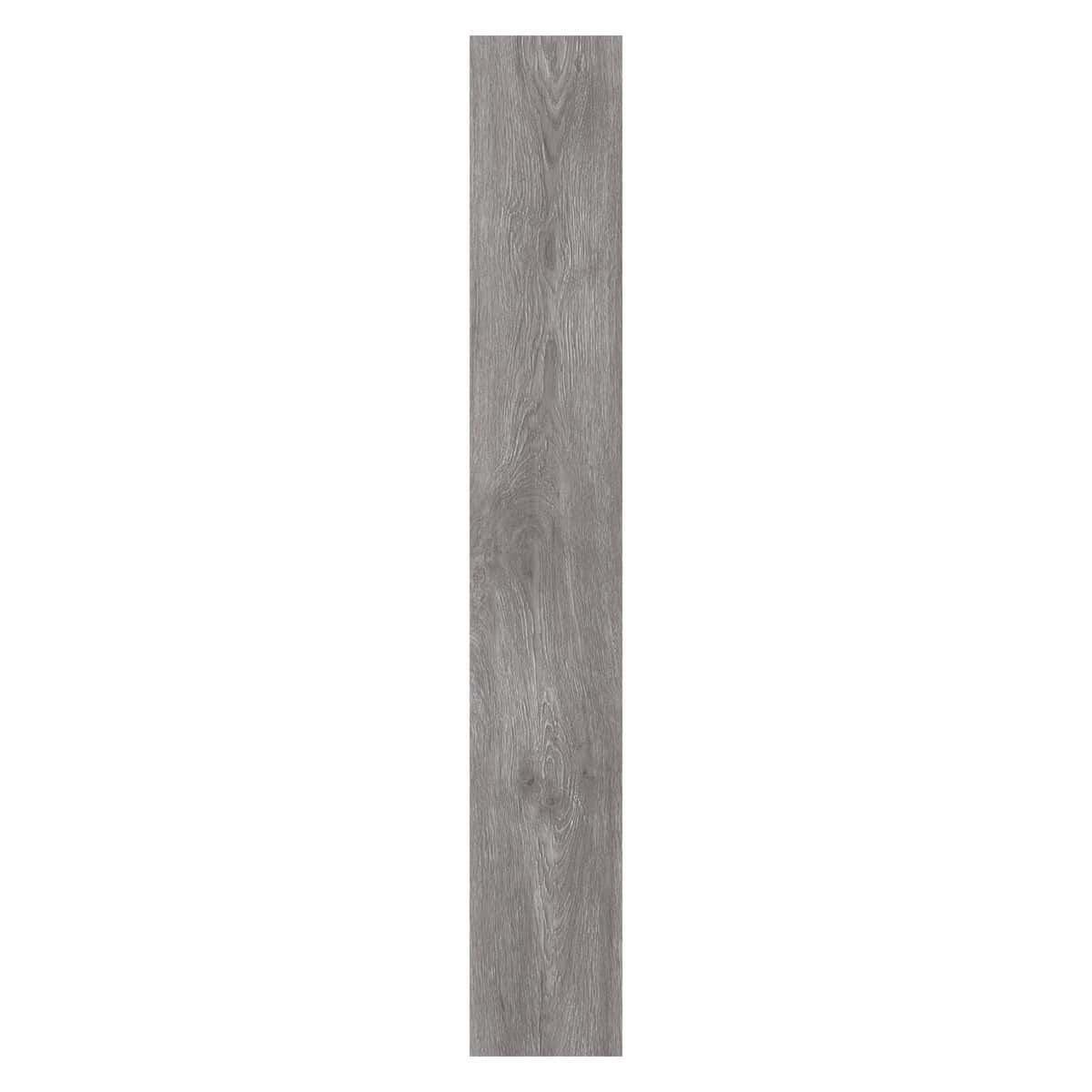 Close-up of a Modern Ash Grey SPC plank with realistic wood grain and a precision-milled click-lock system.