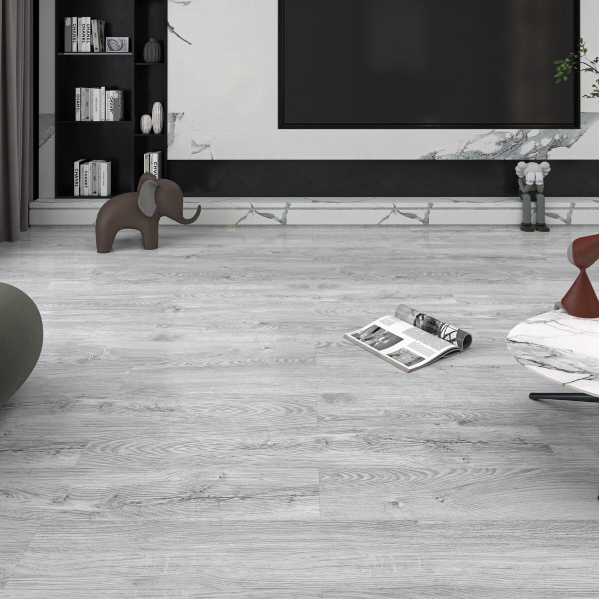 Superior Modern Silverwood SPC flooring in a chic living room with a marble-accented media center and modern decor.