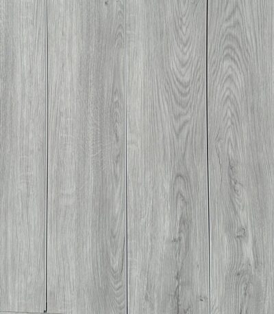 Full layout of Modern Silver wood SPC planks, showcasing the light gray color, subtle knots, and seamless installation.