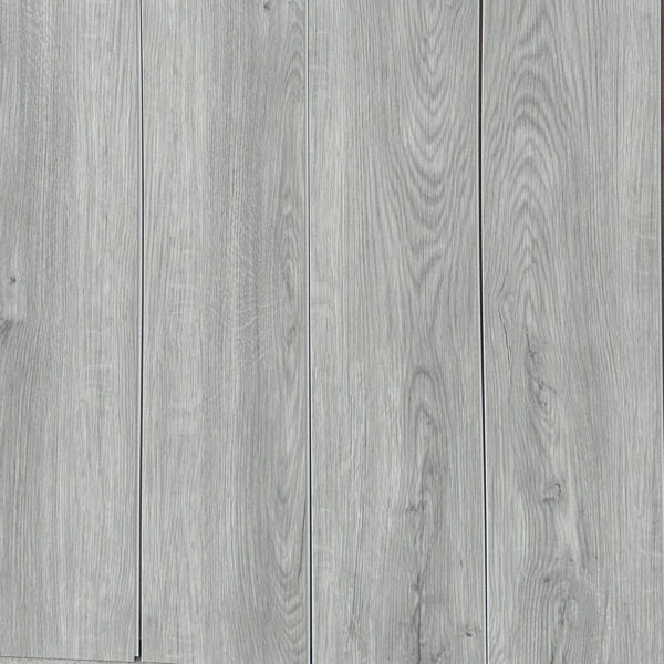 Full layout of Modern Silver wood SPC planks, showcasing the light gray color, subtle knots, and seamless installation.