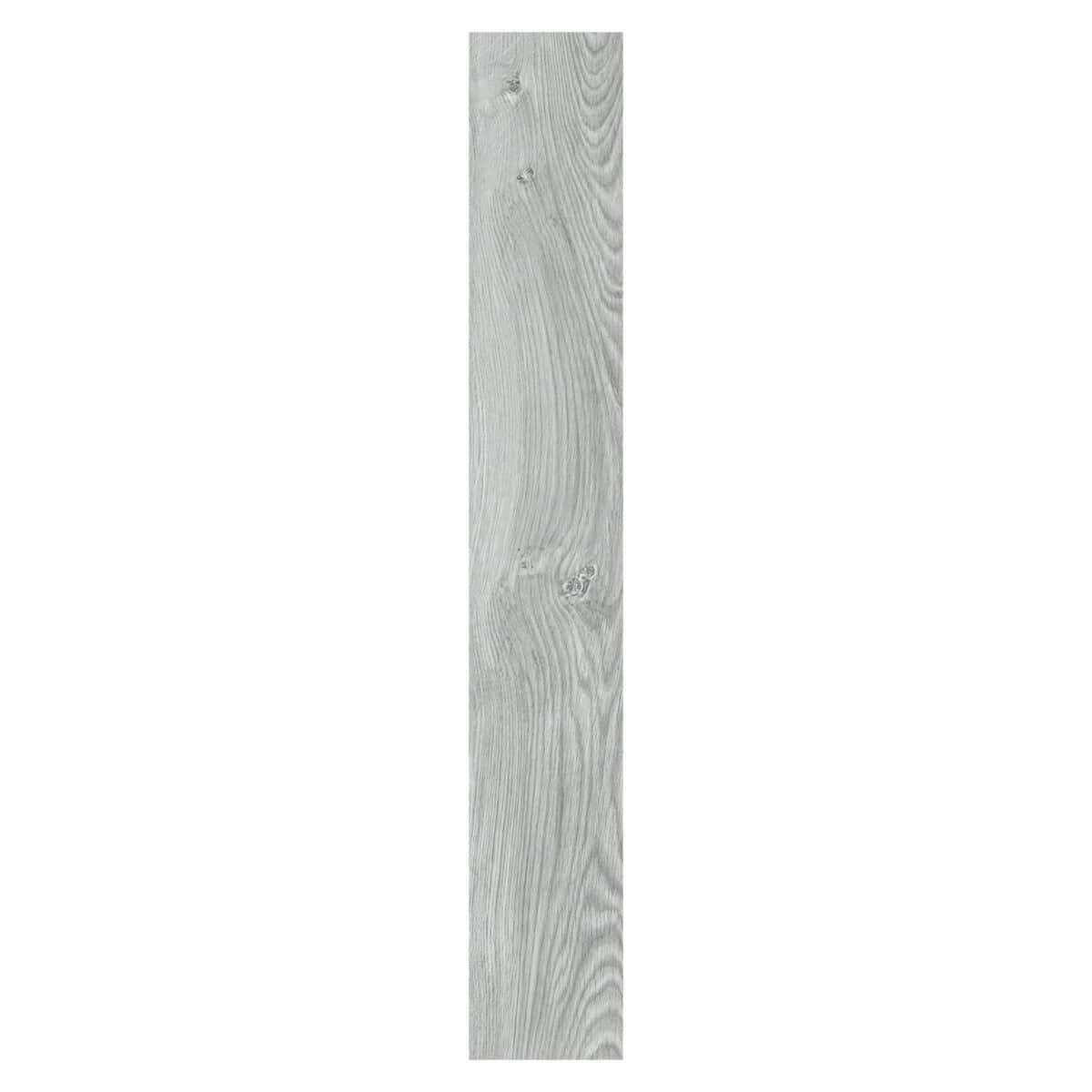 Close-up of a single Modern Silverwood SPC plank, highlighting its detailed light-gray wood grain and authentic knot texture.