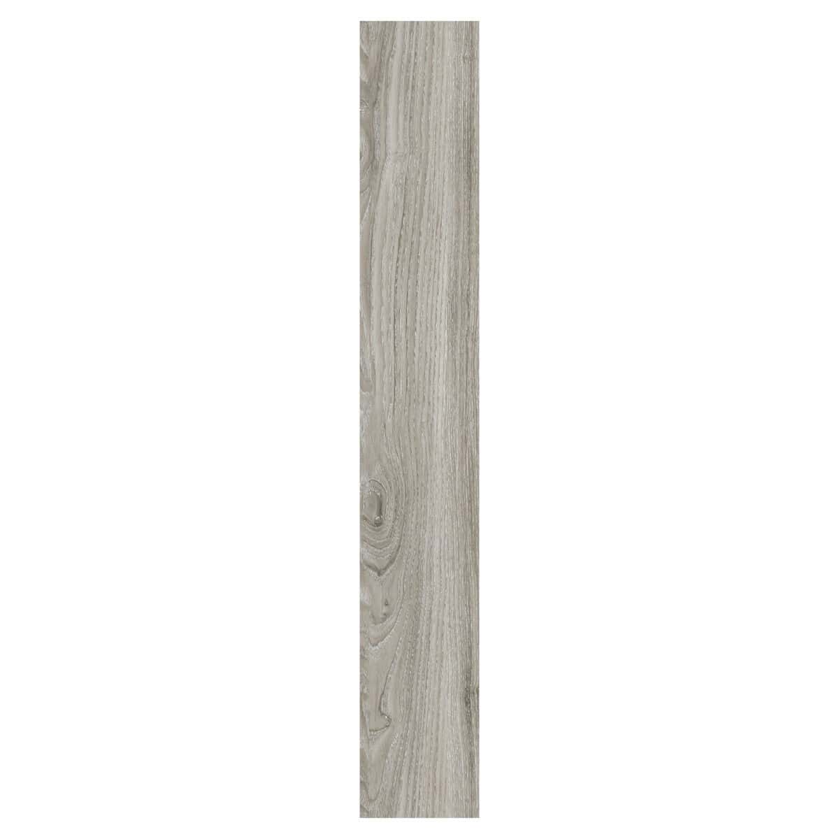 Close-up detail of a single Modern Ash Gray SPC plank highlighting its textured wood grain and user-friendly click-lock system.