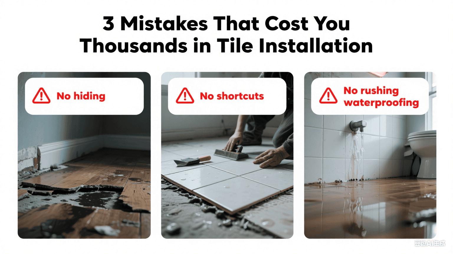 Three costly porcelain tile installation mistakes: hiding damaged flooring, skipping floor leveling, and neglecting waterproofing—common causes of unexpected flooring repair costs.