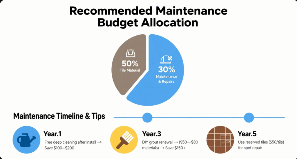Porcelain tile maintenance cost breakdown with budget chart and repair timeline
