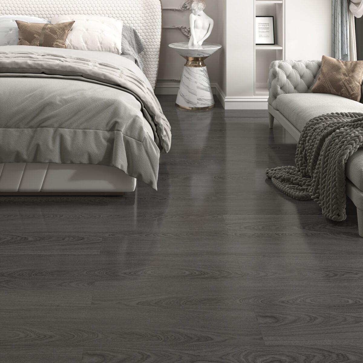 Ultimate Chic Charcoal Oak flooring in a luxurious bedroom with a white tufted chaise lounge and modern furniture.