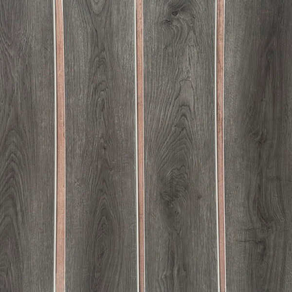 Real photo of Chic Charcoal Oak SPC planks laid out, showing the deep color and consistent grain for a seamless look.