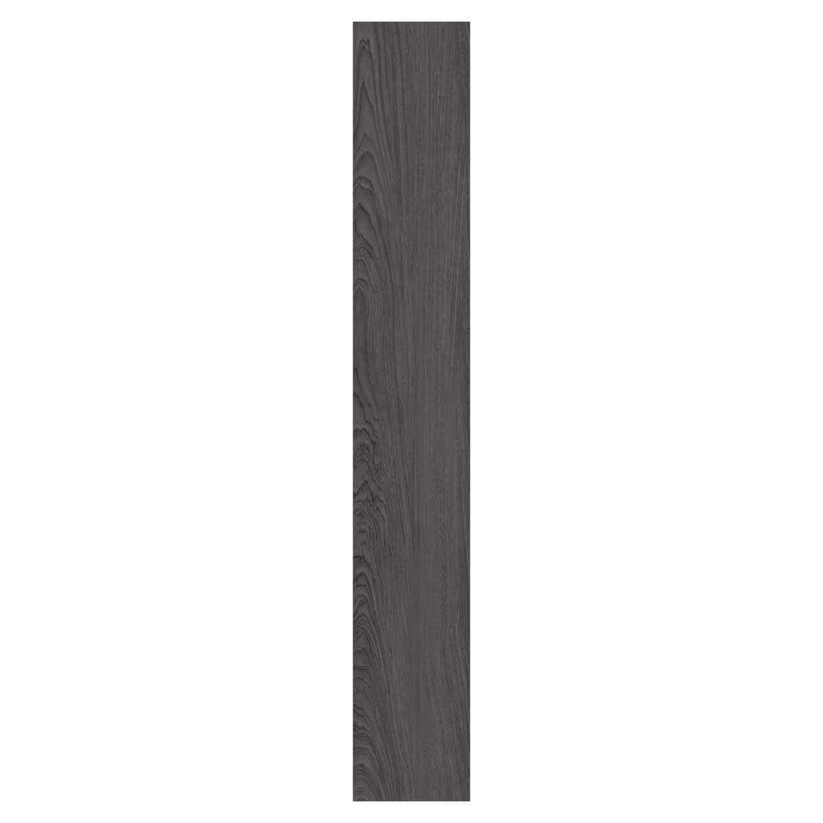 Close-up of a single Chic Charcoal Oak SPC plank, detailing its dark wood grain texture and click-lock installation edge.